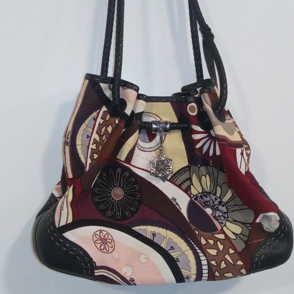 Brighton Canvas Bohemian Burgundy Floral Leather Cinch Hobo Bucket Style Bag